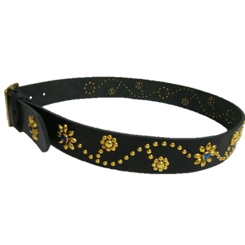 真鍮製バックル 栃木レザー フラワー型スタッズベルト 黒 ブルー