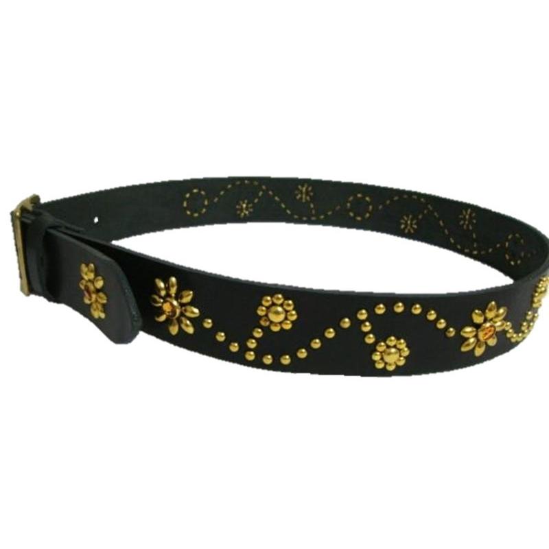 真鍮製バックル 栃木レザー フラワー型スタッズベルト 黒 アンバー  