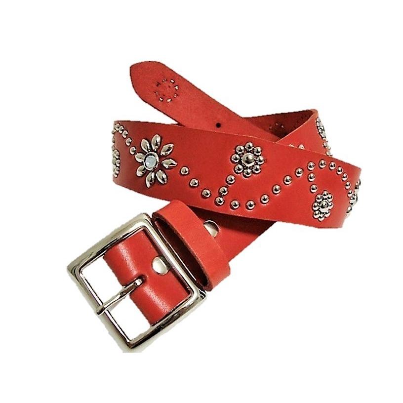 栃木レザー フラワー型 スタッズベルト 赤 クリスタルスポッツ 日本製