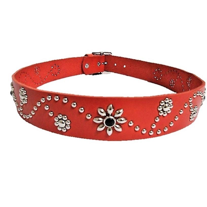 栃木レザー フラワー型 スタッズベルト 赤 ブラックスポッツ 日本製 一