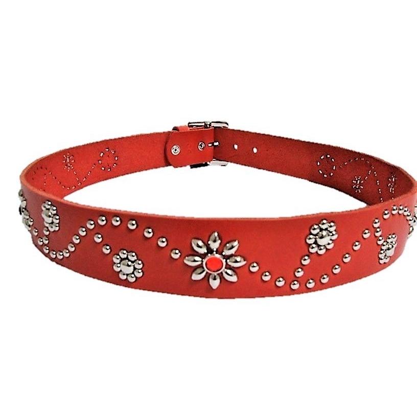 栃木レザー　フラワー型スタッズベルト　黒（レッドスポッツ）ヴィンテージタイプ 栃木レザー フラワー型 スタッズベルト 赤 レッドスポッツ 日本製 一枚
