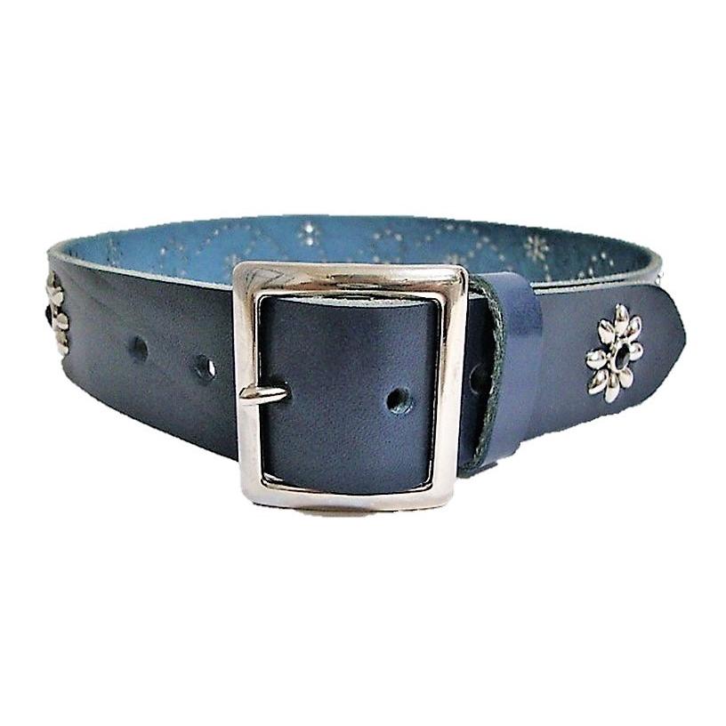 栃木レザー フラワー型 スタッズベルト ネイビー ブラックスポッツ