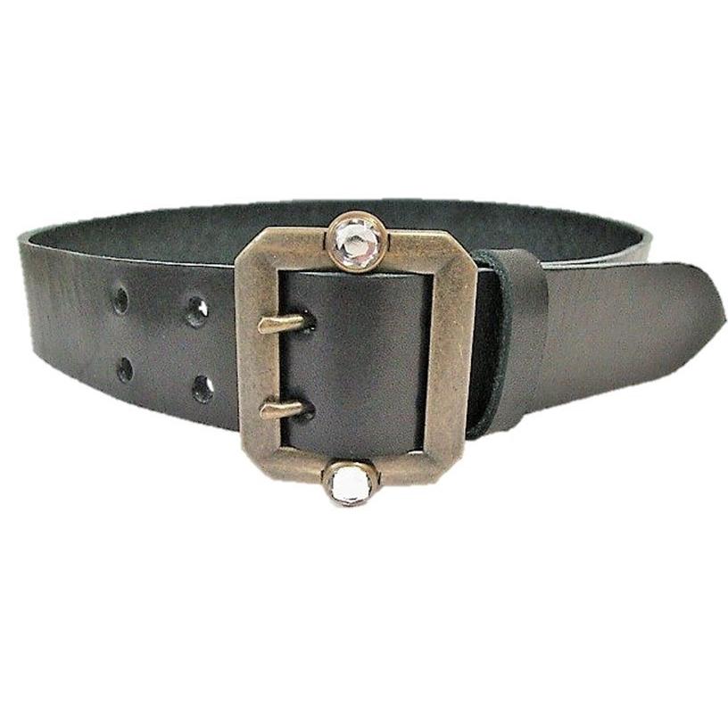 栃木レザー スタッズ付き 八角ダブルピンバックルベルト 黒 クリスタル