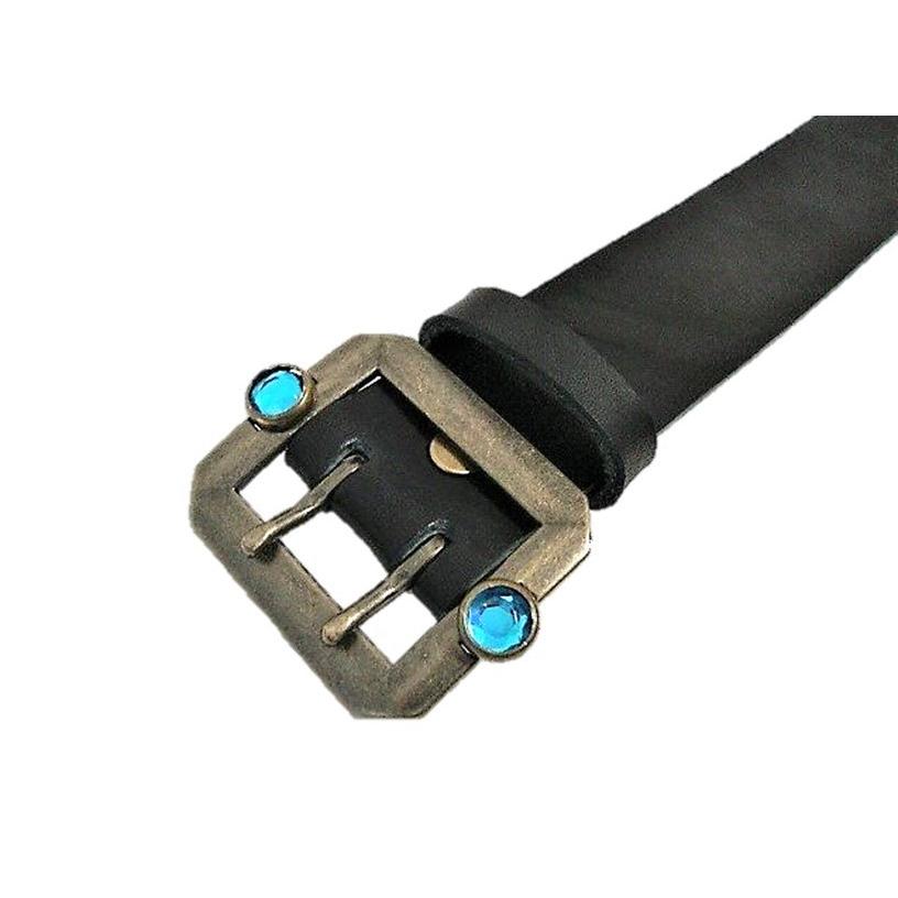 栃木レザー スタッズ付き 八角ダブルピンバックルベルト 黒 アクア