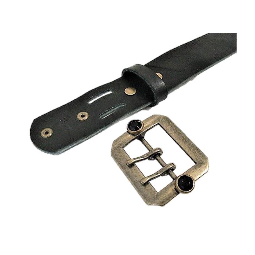 栃木レザー スタッズ付き 八角ダブルピンバックルベルト 黒 ブラック