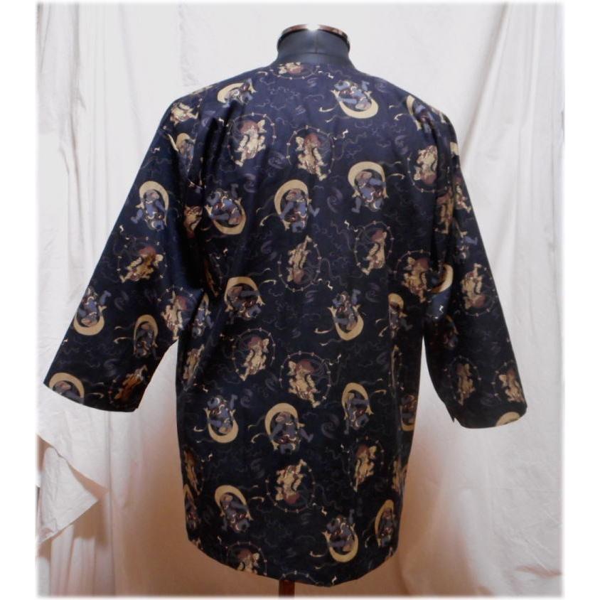 風神雷神 プリント ダボシャツ（鯉口シャツ） 七分袖 黒 M