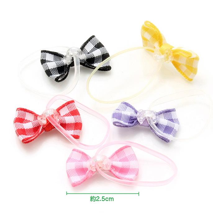 ヘアゴム ギンガムチェック プチリボン ウレタンゴム 5個セットC20-06