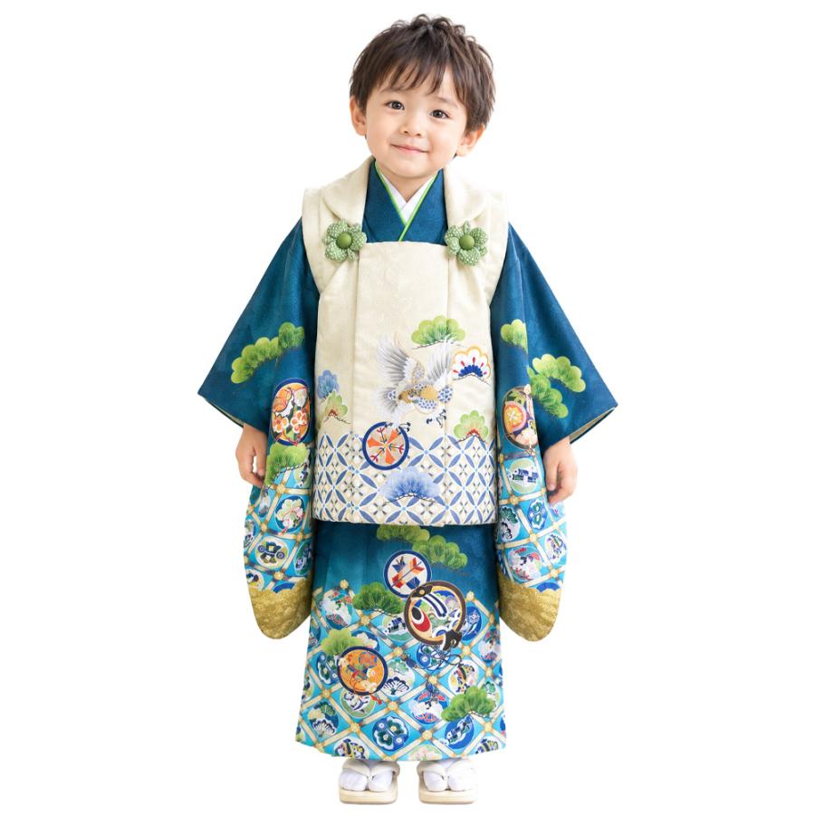 606ab57◎七五三 三歳 男の子 アンティーク着物&被布 レトロ 群青色◎ レンタル】 七五三 着物 男の子 絵羽柄 3歳 8点 被布 セット 2(被布