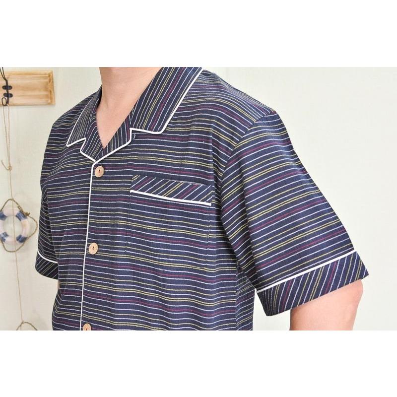 父の日ギフトラッピング無料/先染楊柳カラーペンシルボーダー　メンズパジャマ前開き/半袖・長パンツ/