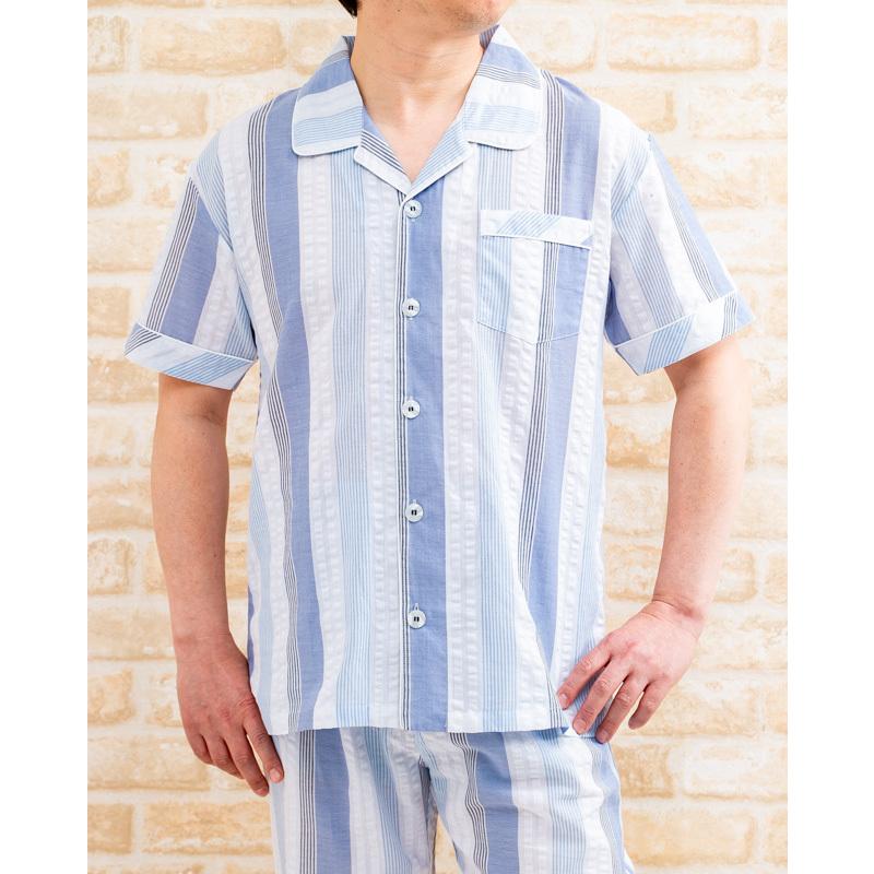 パジャマ メンズ 半袖 前開き 夏 肌に優しい綿100 サラサラして涼しいサッカー生地ストライプ ナイトウェア ルームウェア 部屋着 代引き人気
