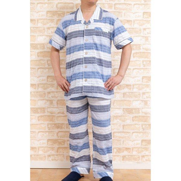 パジャマメンズ 綿100 先染めシャンブレーボーダー半袖 前開き 送料無料 半袖 長パンツ 盛夏向き素材 3lサイズ 4lサイズ 5lサイズ 6lサイズ 父の日 一部予約