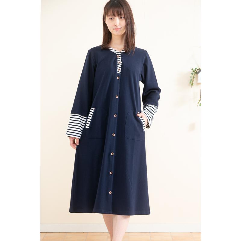 ワンピース 前開き やや厚めなニット地ボーダー切り替え ネグリジェ ルームウエア パジャマ 春秋 入院準備 長袖 ナイトウェア レディース 3lあり 部屋着の時間 通販 Yahoo ショッピング
