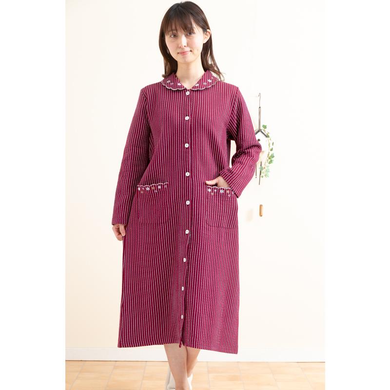 肌に優しい綿100 中わたニットキルト地 ストライプ刺繍 ワンピース 前開き 長袖 冬向き ナイトウェア ルームウェア ネグリジェ 部屋着の時間 通販 Yahoo ショッピング