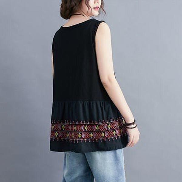 タンクトップ Tシャツ レディース ノースリーブ 丸首 刺繍 綿麻 ゆったり 大きいサイズ おしゃれ レトロ 着痩せ 通勤 ファッション 夏物 新作 超話題新作