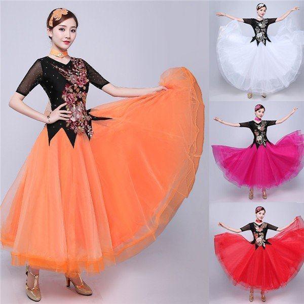 お中元 社交ダンス モダンドレス ラテンドレス 赤 白 ラテン衣装 社交ダンスドレス 大きい裾 ダンス衣装 ワンピース M 2xl Materialworldblog Com