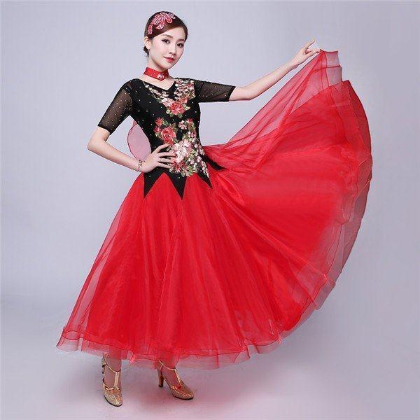 お中元 社交ダンス モダンドレス ラテンドレス 赤 白 ラテン衣装 社交ダンスドレス 大きい裾 ダンス衣装 ワンピース M 2xl Materialworldblog Com