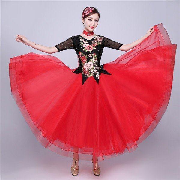 お中元 社交ダンス モダンドレス ラテンドレス 赤 白 ラテン衣装 社交ダンスドレス 大きい裾 ダンス衣装 ワンピース M 2xl Materialworldblog Com