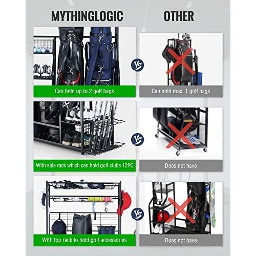 専用出品 Mythinglogic ゴルフクラブ収納ラック - ゴルフバッグ2個 スタンドとゴルフ用品アクセサリー収納オーガナイザー 取り外し可能なフック 【TMF9133355920】(32277円)