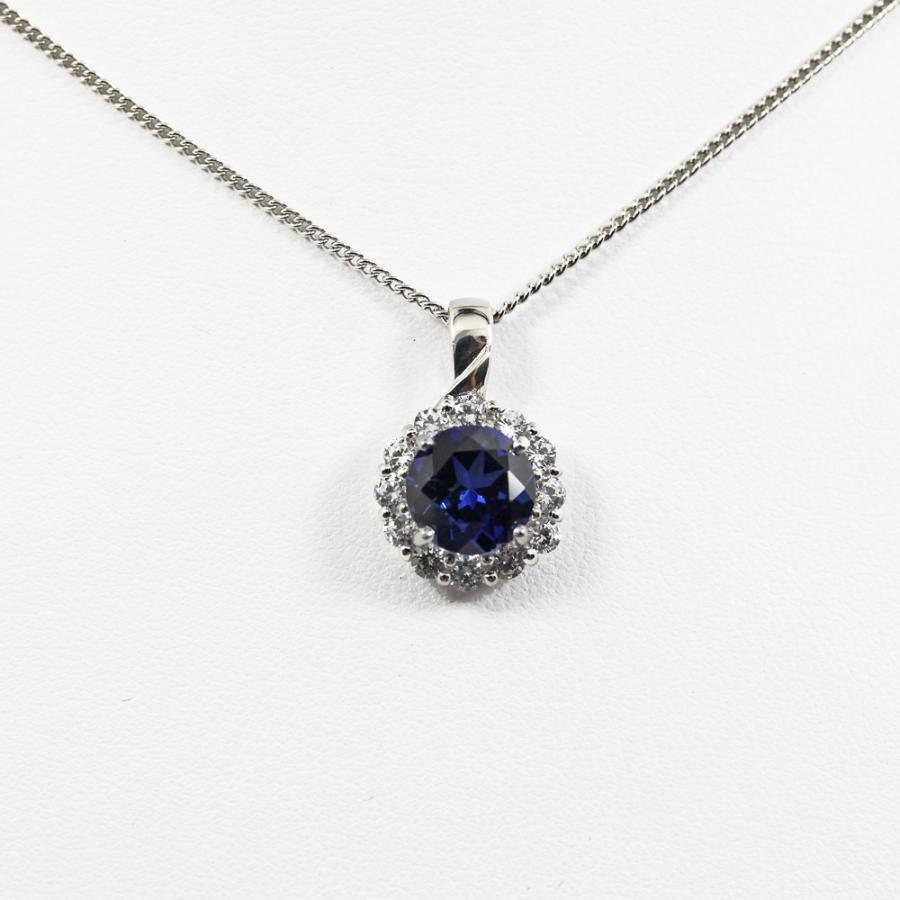 シルバー合成サファイア（Synthetic Sapphire）ペンダントネックレス 