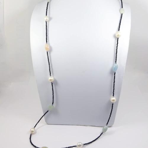 ロングネックレス ブラックスピネル＆モルガナイト天然石 90cm 