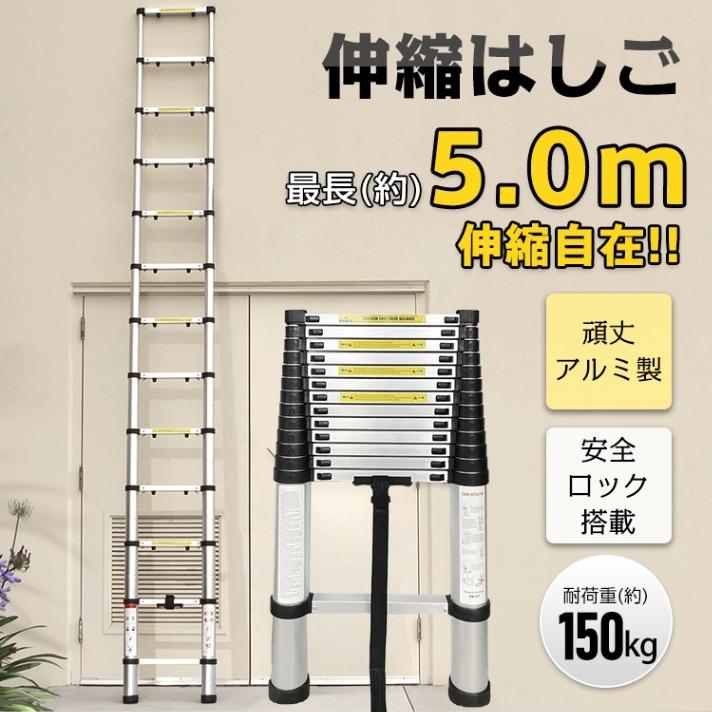 伸縮はしご 5m 梯子 はしご 高さ調節 5メートル 耐荷重 150kg 伸縮はしご 5m 梯子 はしご 高さ調節 5メートル 耐荷重 150kg
