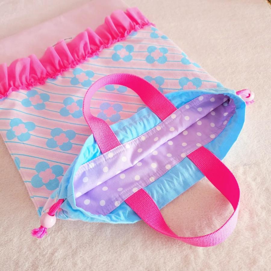 キルティングのレッスンバッグ シューズケース 体操服入れ Blue Flower