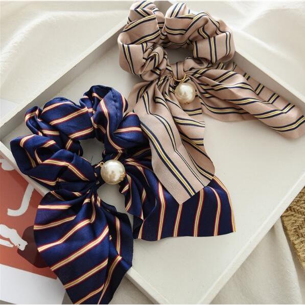 シュシュ パール付きストライプスカーフシュシュ さわやか バンダナ