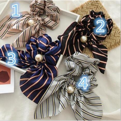 シュシュ パール付きストライプスカーフシュシュ さわやか バンダナ