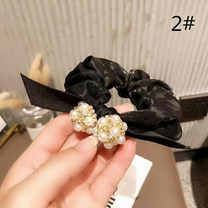 ヘアゴム ラインストーン＆パールミックスボールリボンつやつや