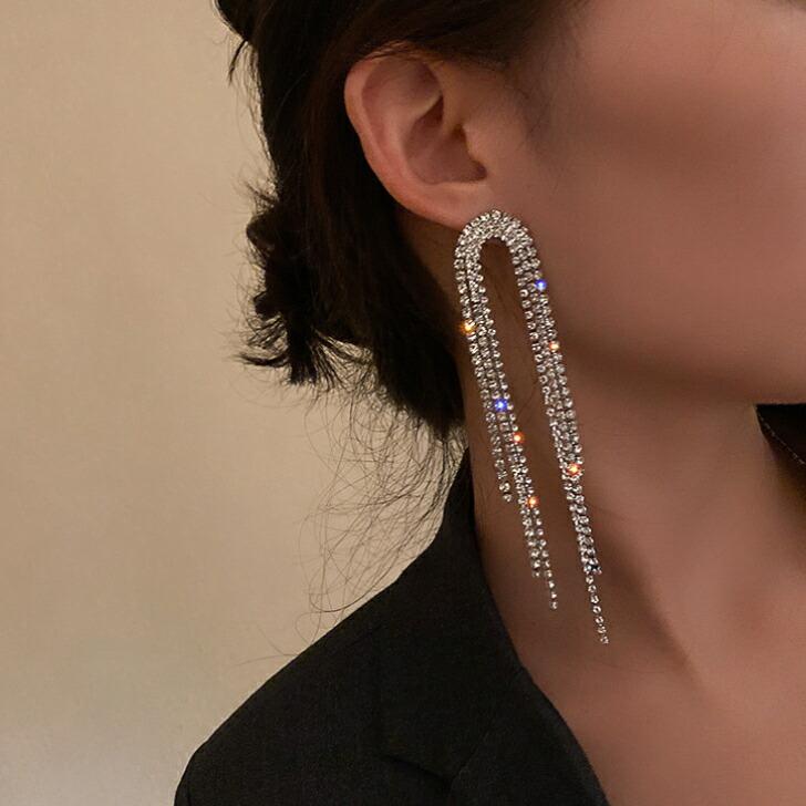 ピアス ロングチェーンラインストーンシルバーピアス 送料無料 大人