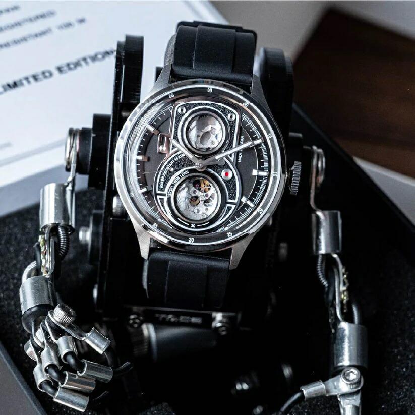 【限定399本セット】タックス TACS 腕時計 自動巻き 機械式 メンズ TWIN LENS ツインレンズ ホワイト ブラック ラバーベルトロボトイズ カメラ※の画像