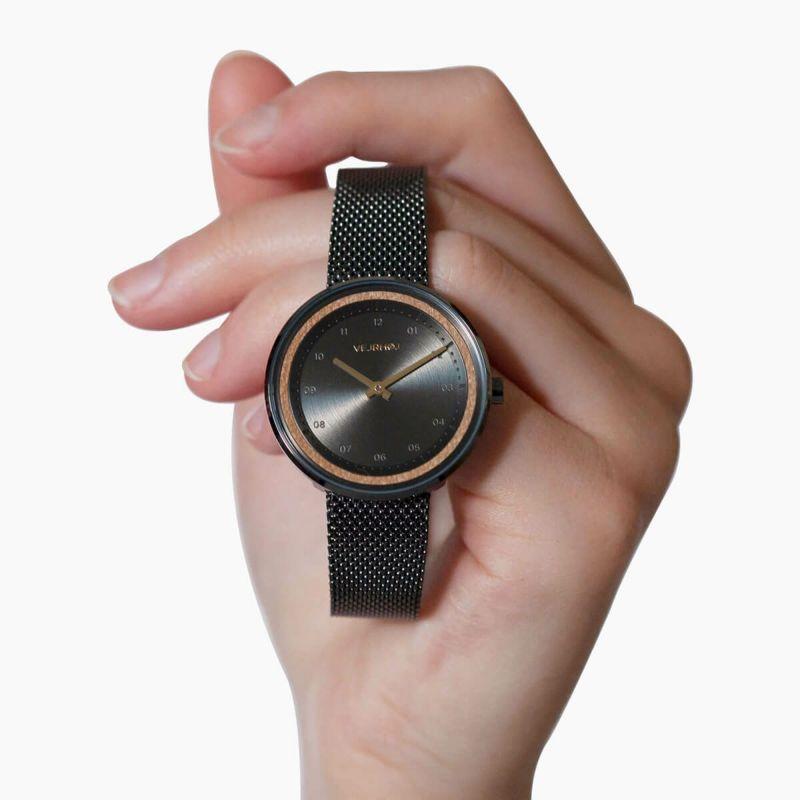 ヴェアホイ VEJRHOJ 腕時計 木製 メンズ レディース BLACK＆GOLD ブラック＆ゴールド 34mm/40mm 桜の木 サクラ レザーベルト メッシュベルト北欧の画像