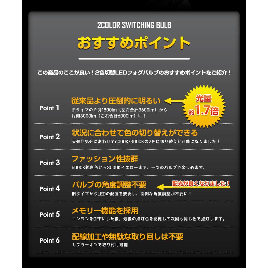 LED フォグランプ 2色切替 カラーチェンジ フォグバルブ  2本左右セット H8 H11 H16 6000LM 3000K 6000K 霧 雨 黄色 車検対応｜hid-led-carpartsshop｜04