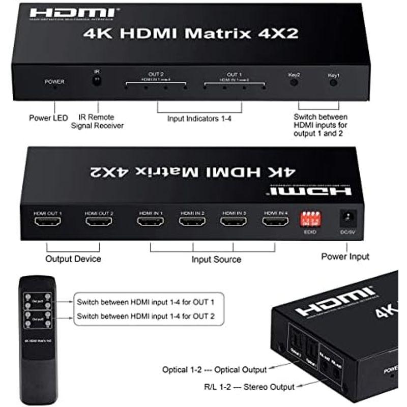 FERRISA 4K x 2K HDMIマトリックス セレクター 4入力2出力 音声分離器 (光デジタル・L/Rオーディオ分離) スイッチャ｜hidarikiki｜03