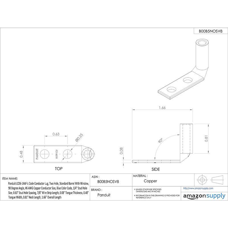 パンドウイット　国内正規品　銅製圧縮端子　50個入　LCD6-14AF-L　90°アングル　標準バレル　2つ穴