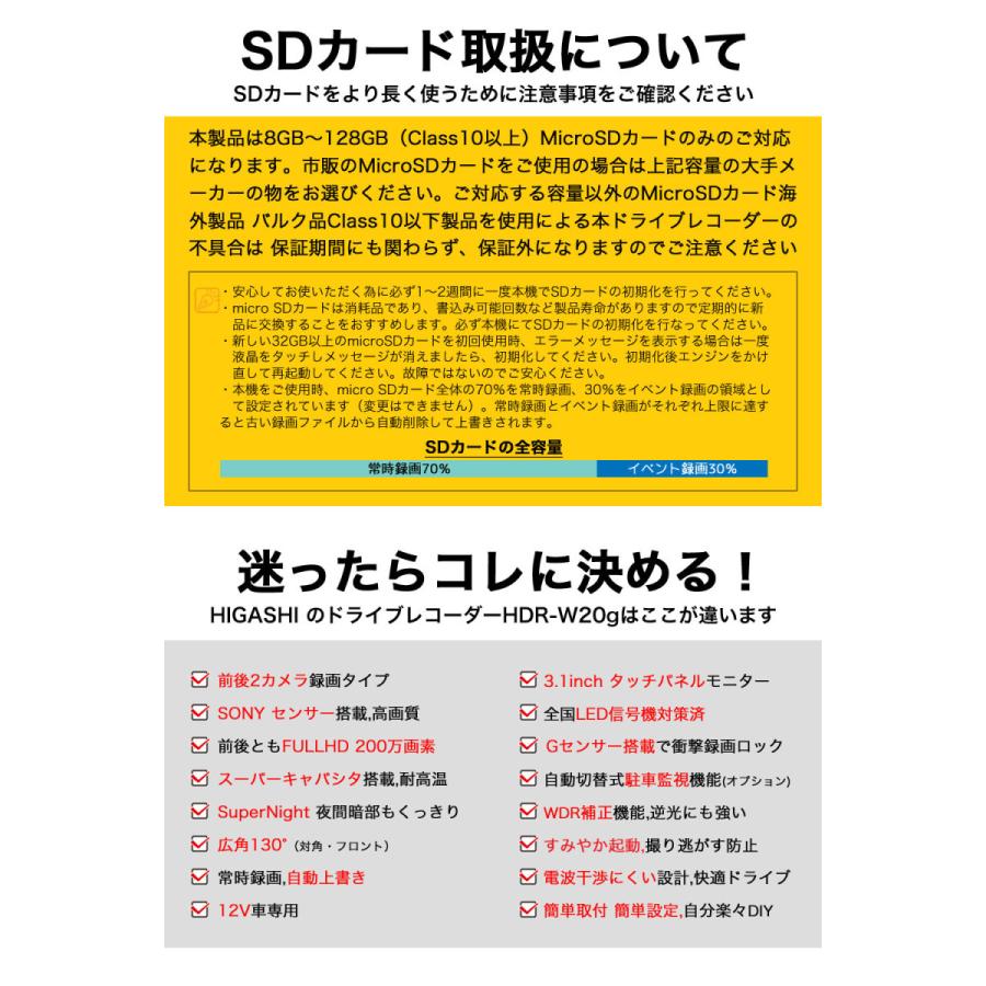 higashi ドライブレコーダー 前後カメラ 200万画素 前後 SONYセンサー