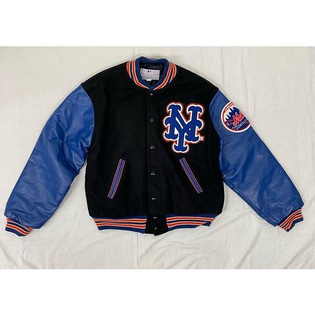 90's 米国製 GENUINE MERCHANDISE MLB ニューヨークメッツ スタジャン アワードジャケット 袖レザー ブラックメルトン  サイズ44 [l-0423]