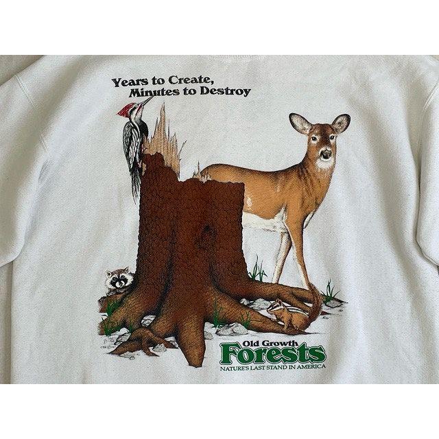 90's 00's 米国製 MADE IN USA ヘインズ Hanes スウェット アニマルプリント Old Growth Forests 森林 自然 ホワイト 白 L [l-0792]｜highground｜03