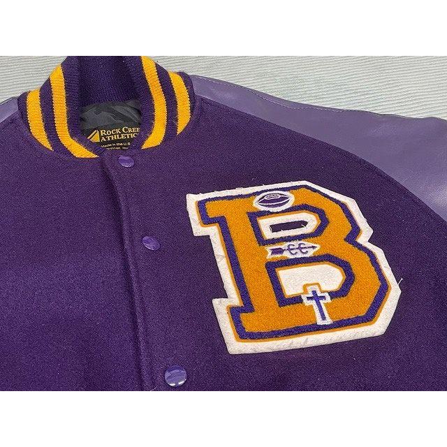 90's 米国製 ロッククリーク アスレチックス ROCK CREEKE ATHLETICS スタジャン アワードジャケット Duncan 袖合皮 紫黄 M  [la-1482] | MADE IN USA | 04