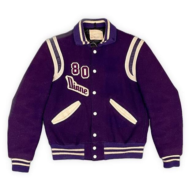 80's 米国製 MADE IN USA デロング DeLONG ビンテージ スタジャン アワードジャケット メルトン インディアン 紫 34 [la-1555] | DeLong