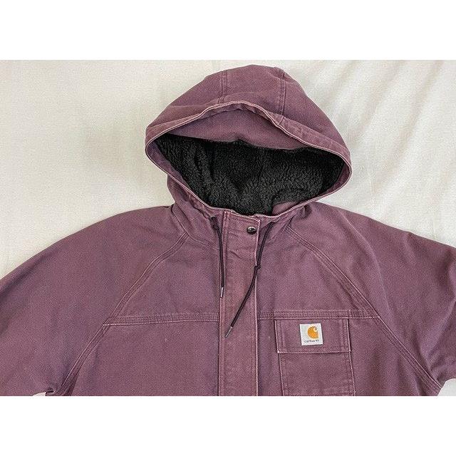 00's メキシコ製 カーハート carhartt ダックジャケット フルジップ 裏ボア フーディ パーカー パープル レディースXL(16/18)  [ta-0945]｜highground｜03