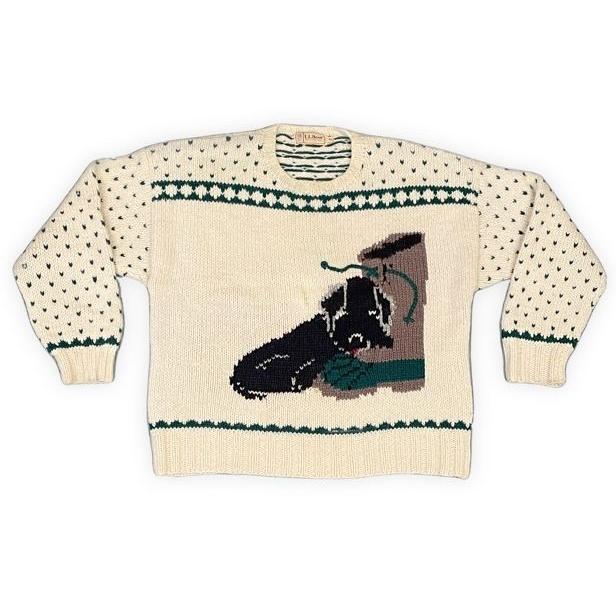 80's 香港製 L.L.Bean エルエルビーン ハンドニット セーター バーズアイ ビーンブーツ 犬 ウール100% XL [ta-1642] | L.L.Bean