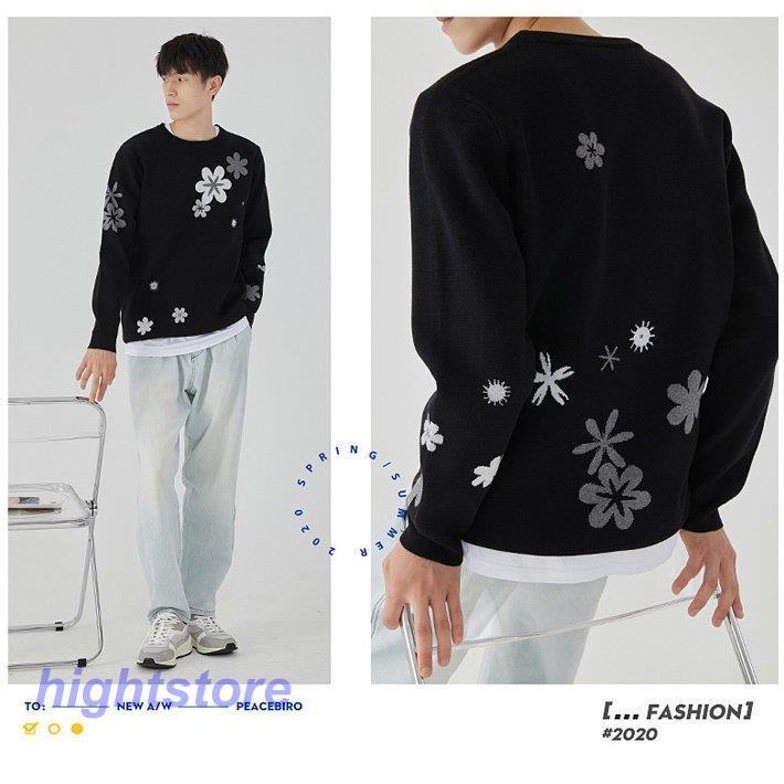 セーター ニットセーター トップス メンズ 秋服 メンズ 長袖 丸首 花柄 カジュアルプルオーバーセーター お兄系 きれいめ カジュアル メンズ トップス シンプル 送料無料