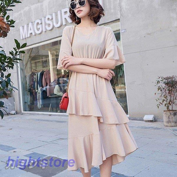 ワンピース ハイウエスト フリル フィッシュテール マキシ丈ワンピース 春夏 レディース ロングワンピース 切り替え ハイウエスト Aライン Vネック 無地 日本未発売