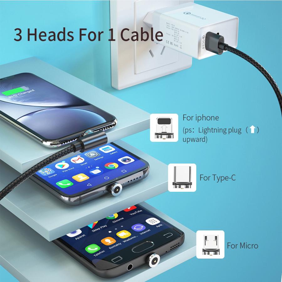 L字型 マグネット 充電ケーブル 端子 セット 3in1 360°回転 Lightning