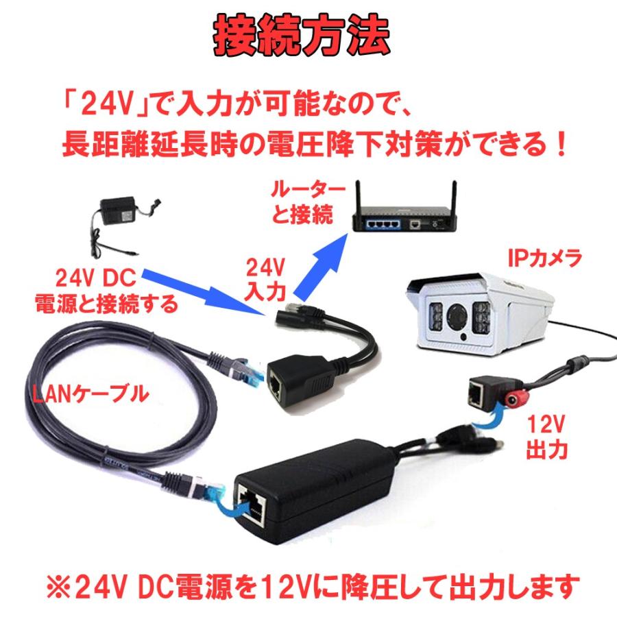 IPカメラ 入力24V PoE スプリッター LANコネクター 出力12V 1A 最大100m伝送 PoE非対応のIP 防犯カメラをLANケーブル1本で接続可能 |  | 01