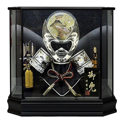 五月人形 兜ケース飾り 12号シルバーハヤブサ兜 間口48×奥行33×高さ45.5cm 黒塗六角ケース G2529BZ