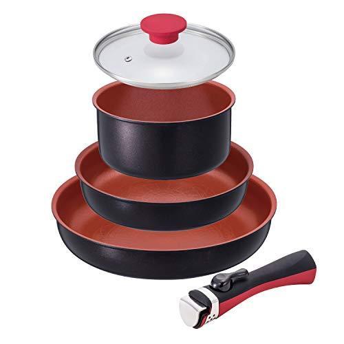 ベストコ フライパン 鍋 取っ手の取れる 5点 セット レッド デリシャスサイン ワンハンドル IH対応 ふっ素樹脂