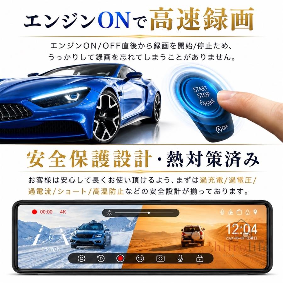 ドライブレコーダー ミラー型 4K 12インチ 前後2カメラ GPS搭載 前後