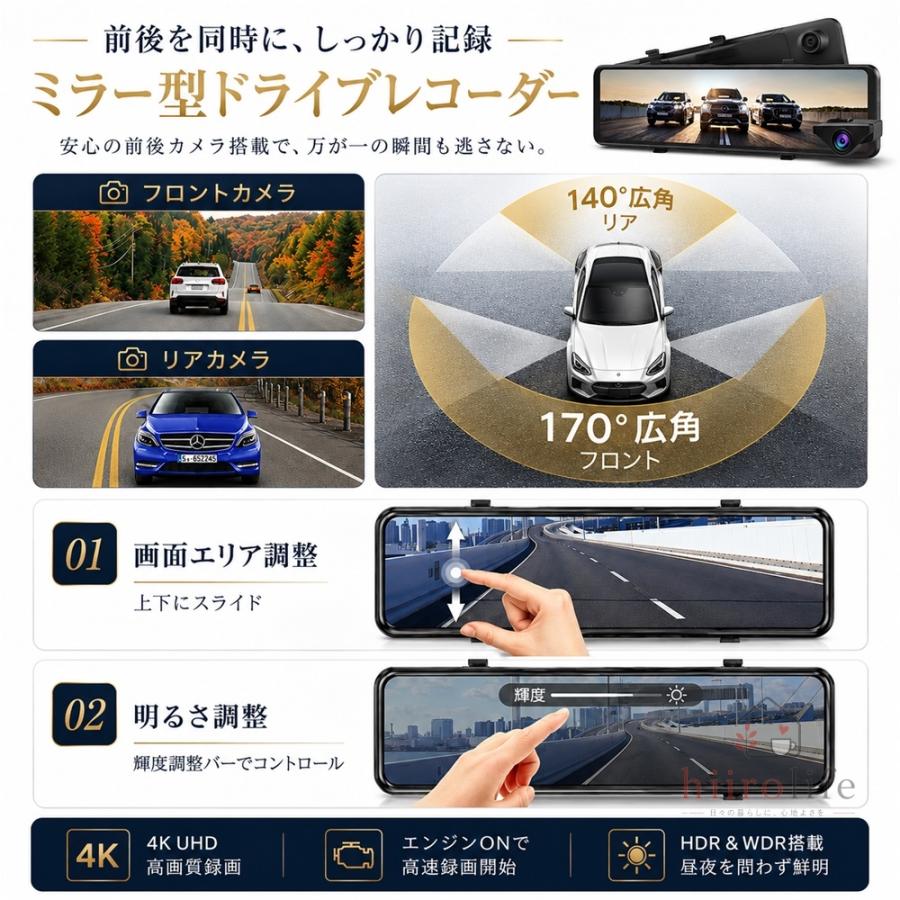ドライブレコーダー ミラー型 4K 12インチ 前後2カメラ GPS搭載 前後